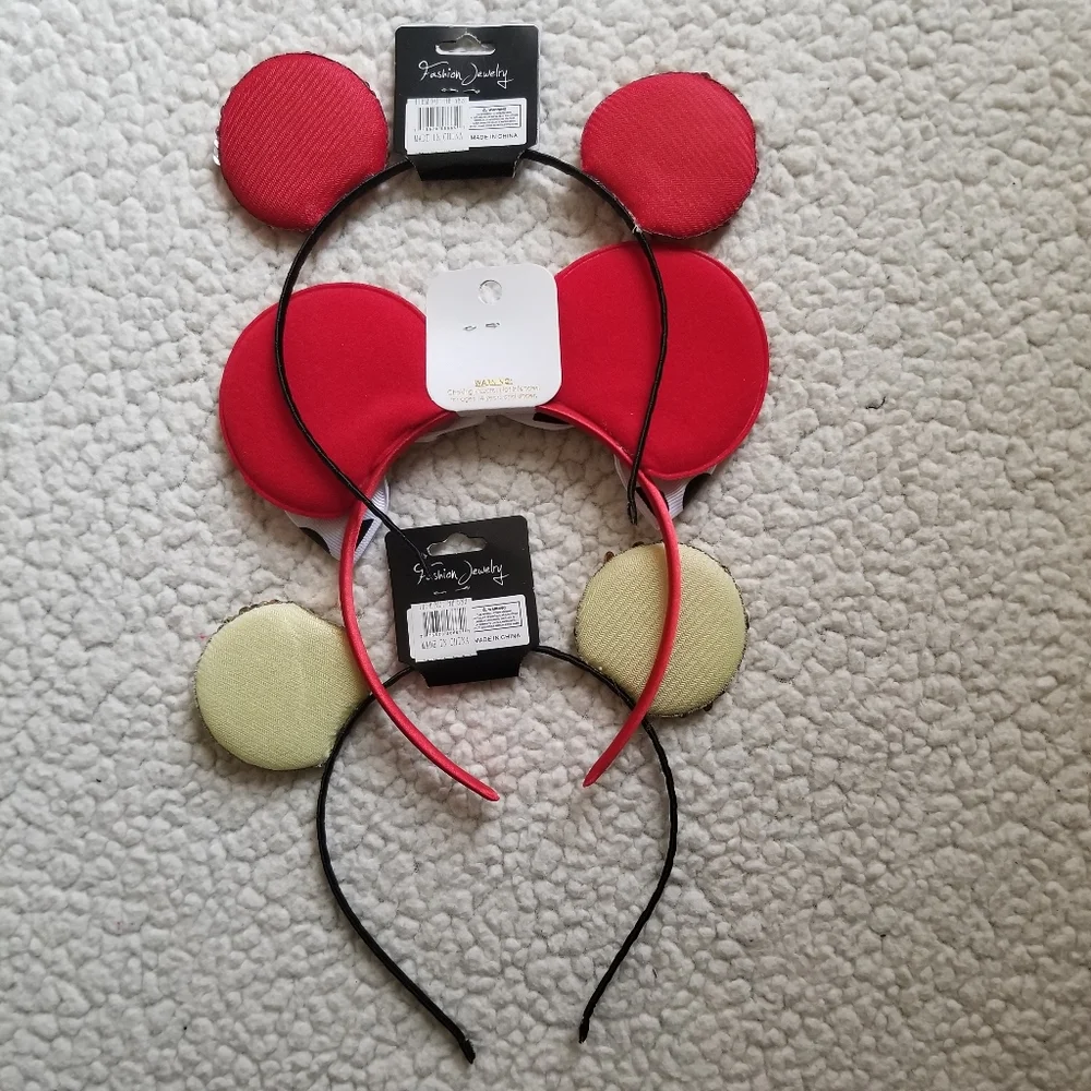 Set of 3 Disney Mickey & Minnie Mouse Ears Headbands Sequin Bow Red Gold